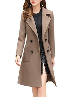 Women Elegant Notched Collar Double Breasted Wool Blend Over Coat