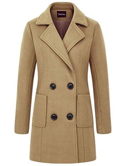 Women Elegant Notched Collar Double Breasted Wool Blend Over Coat