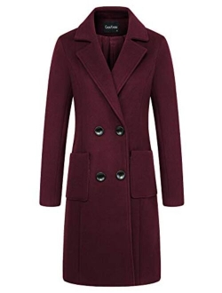 Women Elegant Notched Collar Double Breasted Wool Blend Over Coat