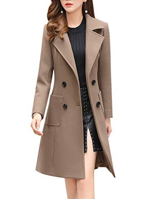 chouyatou Women Elegant Notched Collar Double Breasted Wool Blend Over Coat