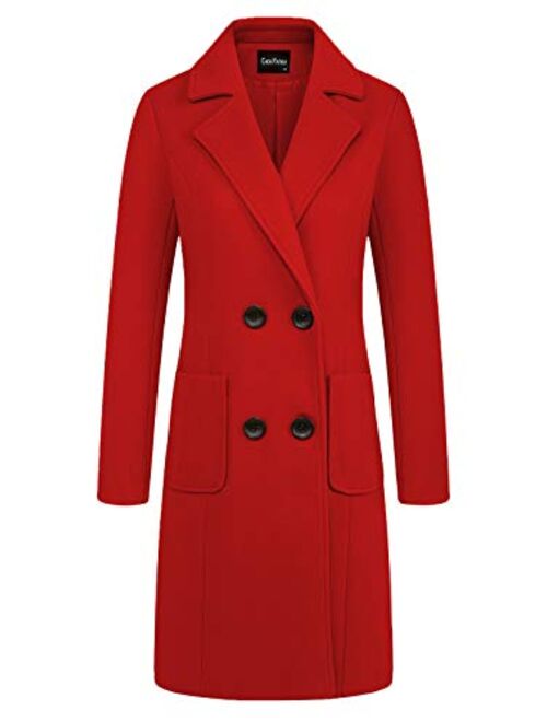 chouyatou Women Elegant Notched Collar Double Breasted Wool Blend Over Coat