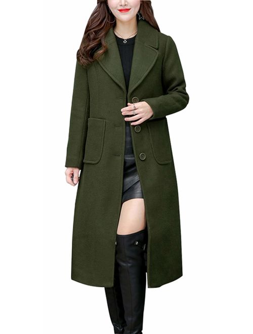 chouyatou Women's Big Notch Lapel Single Breasted Mid-Long Wool Blend Coat