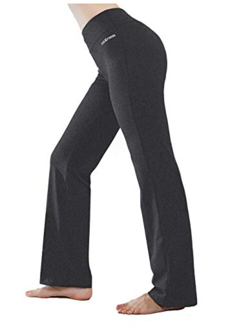 HISKYWIN Inner Pocket Yoga Pants 4 Way Stretch Tummy Control Workout Running Pants, Long Bootleg Flare Pants