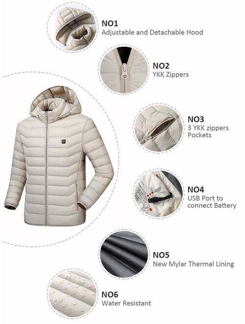 Venustas [2019 Upgrade Heated Jacket with Battery Pack (Unisex), Heated Coat for Women and Men with Detachable Hood