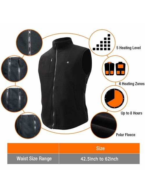 ARRIS Heated Vest Size Adjustable 7.4V Battery Electric Fleece Warm Vest 6 Heating Panels for Hiking Camping