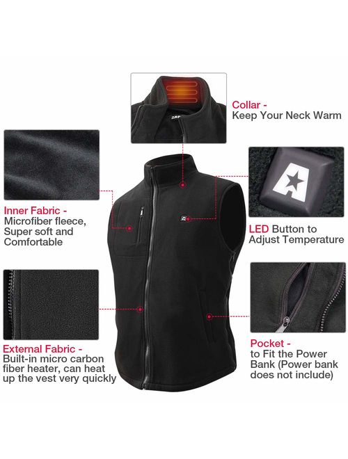 ARRIS Heated Vest Size Adjustable 7.4V Battery Electric Fleece Warm Vest 6 Heating Panels for Hiking Camping