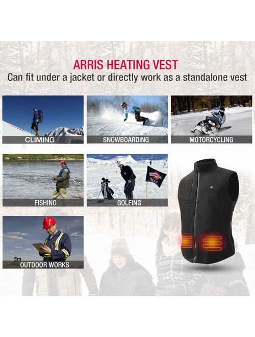 ARRIS Heated Vest Size Adjustable 7.4V Battery Electric Fleece Warm Vest 6 Heating Panels for Hiking Camping