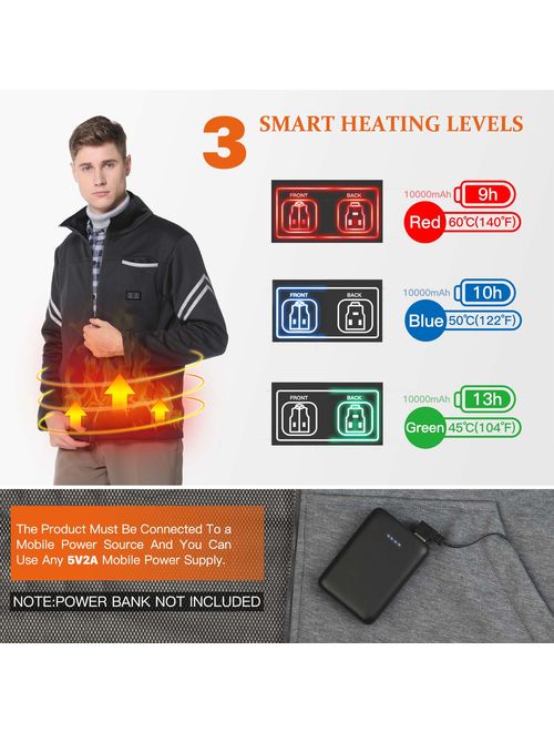 rocboc Heated Jacket, USB Electric Heating Clothes Full-Zip Heated Sweatshirt (No Battery)