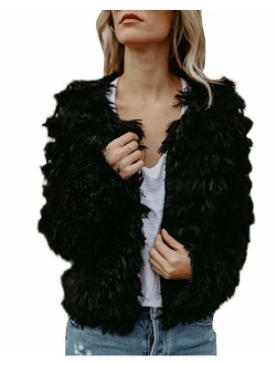 Womens Open Front Faux Fur Cardigan Vintage Parka Shaggy Jacket Coat