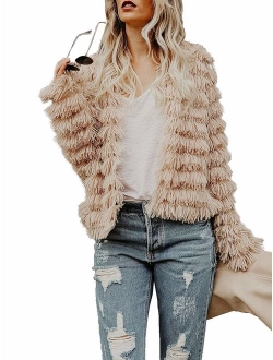 Womens Open Front Faux Fur Cardigan Vintage Parka Shaggy Jacket Coat