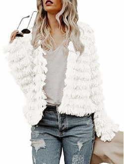 Womens Open Front Faux Fur Cardigan Vintage Parka Shaggy Jacket Coat