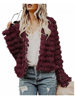 Womens Open Front Faux Fur Cardigan Vintage Parka Shaggy Jacket Coat