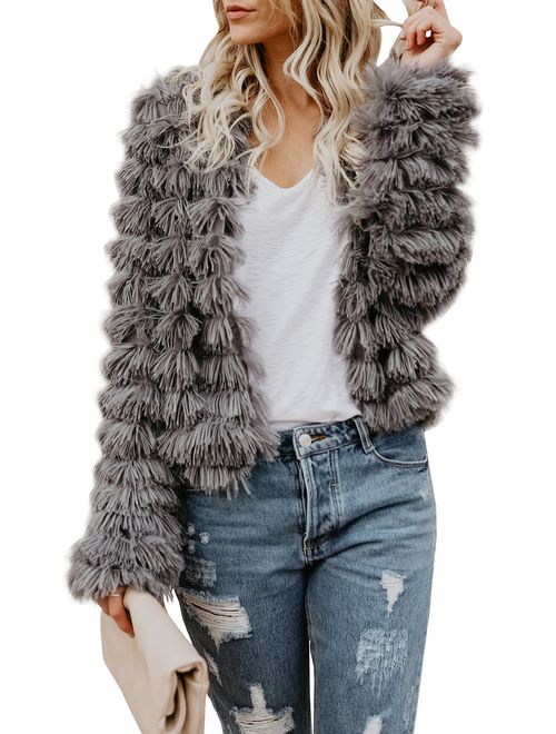 Womens Open Front Faux Fur Cardigan Vintage Parka Shaggy Jacket Coat