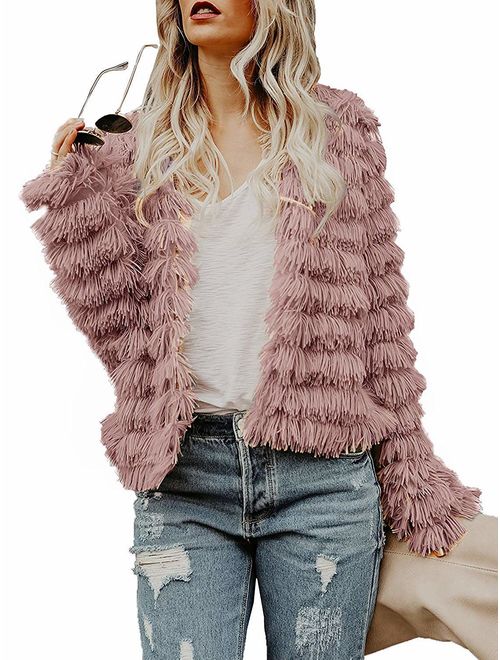 Womens Open Front Faux Fur Cardigan Vintage Parka Shaggy Jacket Coat