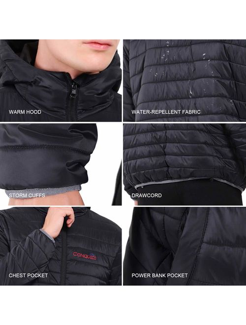 CONQUECO Men's Heated Jacket Light Weight Electric Jacket for Waterproof and Windproof in Winter