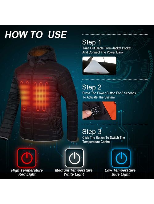 CONQUECO Men's Heated Jacket Light Weight Electric Jacket for Waterproof and Windproof in Winter