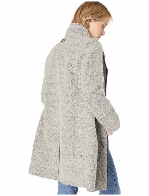 Calvin Klein Women's Wool Coat with Tunnel Collar and Pu Trim, Snap Bar Detail at Neck