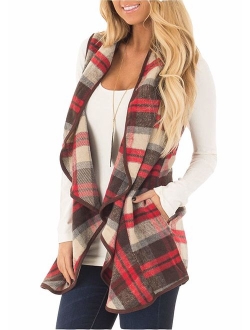 SENSERISE Womens Lapel Open Front Sleeveless Plaid Vest Cardigan with Pockets