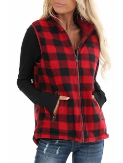 SENSERISE Womens Lapel Open Front Sleeveless Plaid Vest Cardigan with Pockets