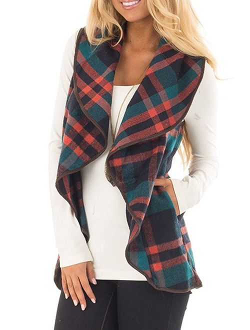 SENSERISE Womens Lapel Open Front Sleeveless Plaid Vest Cardigan with Pockets