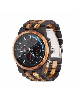 Emibele Men's Wooden Watch, Date Display Chronograph Quartz Wrist Watch, 3 Sub-dials Handmade Lightweight Luminous Watch, Walnut/Ebony/Sandalwood/Zebrawood