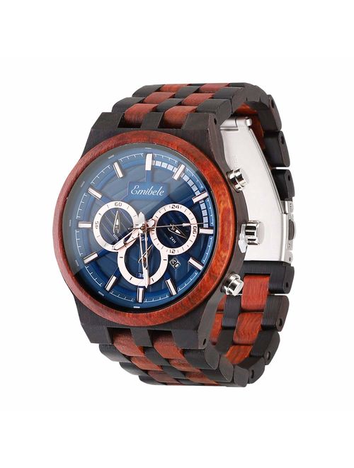 Emibele Men's Wooden Watch, Date Display Chronograph Quartz Wrist Watch, 3 Sub-dials Handmade Lightweight Luminous Watch, Walnut/Ebony/Sandalwood/Zebrawood