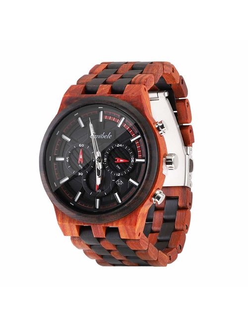 Emibele Men's Wooden Watch, Date Display Chronograph Quartz Wrist Watch, 3 Sub-dials Handmade Lightweight Luminous Watch, Walnut/Ebony/Sandalwood/Zebrawood