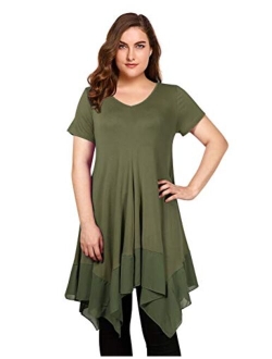 AMZ PLUS Womens Plus Size Irregular Hem Short Sleeve Loose Shirt Dress Top