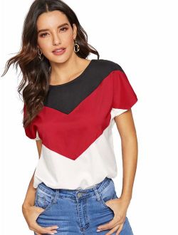 Women's Color Block Blouse Short Sleeve Casual Tee Shirts Tunic Tops