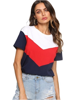 Women's Color Block Blouse Short Sleeve Casual Tee Shirts Tunic Tops