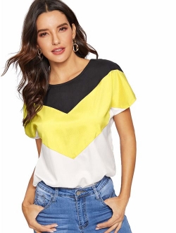 Women's Color Block Blouse Short Sleeve Casual Tee Shirts Tunic Tops