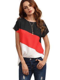 Women's Color Block Blouse Short Sleeve Casual Tee Shirts Tunic Tops