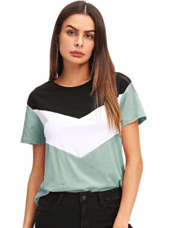 Women's Color Block Blouse Short Sleeve Casual Tee Shirts Tunic Tops