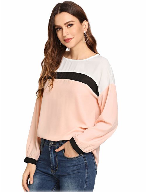 Romwe Women's Color Block Blouse Short Sleeve Casual Tee Shirts Tunic Tops