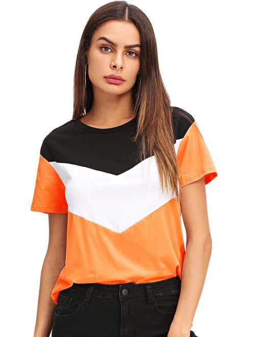 Romwe Women's Color Block Blouse Short Sleeve Casual Tee Shirts Tunic Tops