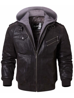 FLAVOR Men Brown Leather Motorcycle Jacket with Removable Hood