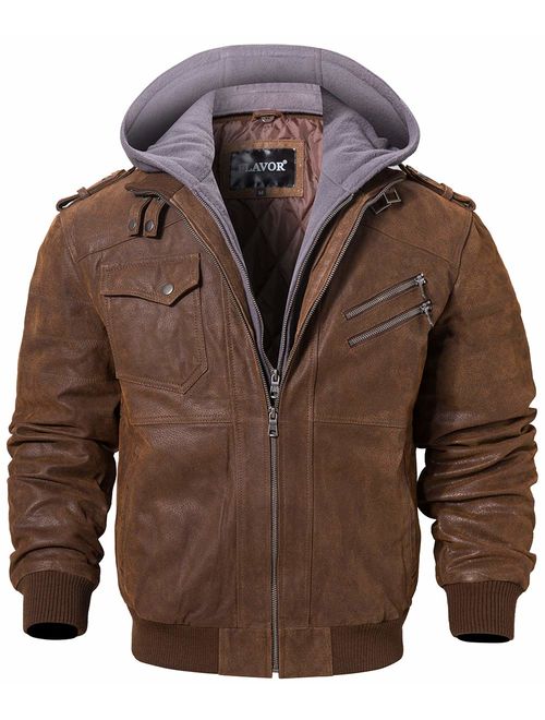 FLAVOR Men Brown Leather Motorcycle Jacket with Removable Hood