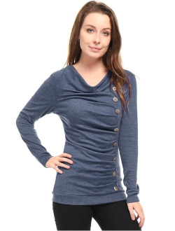 Women's Cowl Neck Long Sleeves Buttons Decor Ruched Top