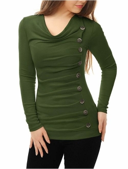 Women's Cowl Neck Long Sleeves Buttons Decor Ruched Top