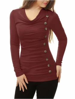 Women's Cowl Neck Long Sleeves Buttons Decor Ruched Top