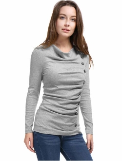 Women's Cowl Neck Long Sleeves Buttons Decor Ruched Top