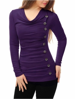 Women's Cowl Neck Long Sleeves Buttons Decor Ruched Top