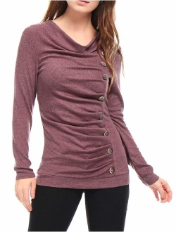 Women's Cowl Neck Long Sleeves Buttons Decor Ruched Top