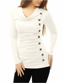 Women's Cowl Neck Long Sleeves Buttons Decor Ruched Top