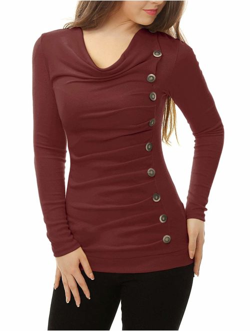 Allegra K Women's Cowl Neck Long Sleeves Buttons Decor Ruched Top