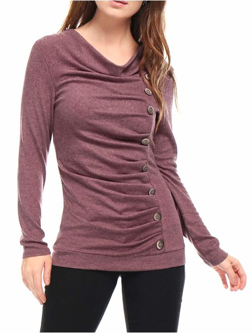 Allegra K Women's Cowl Neck Long Sleeves Buttons Decor Ruched Top