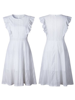 ECOWISH Womens Dresses Elegant Ruffles Cap Sleeves Summer A-Line Midi Dress