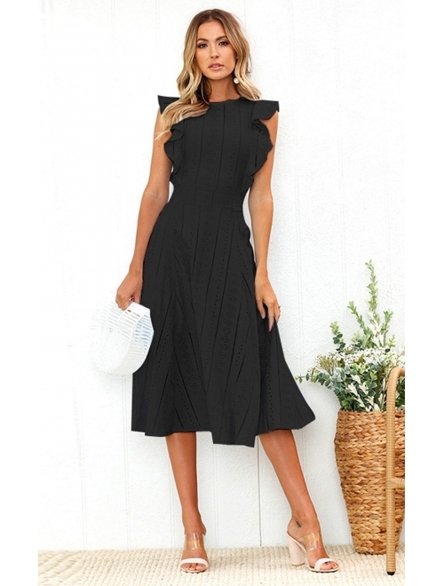 ECOWISH Womens Dresses Elegant Ruffles Cap Sleeves Summer A-Line Midi Dress