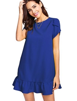 Women's Round Neck Petal Short Sleeve Ruffle Hem Tunic Dress