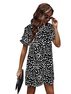 Women's Round Neck Petal Short Sleeve Ruffle Hem Tunic Dress